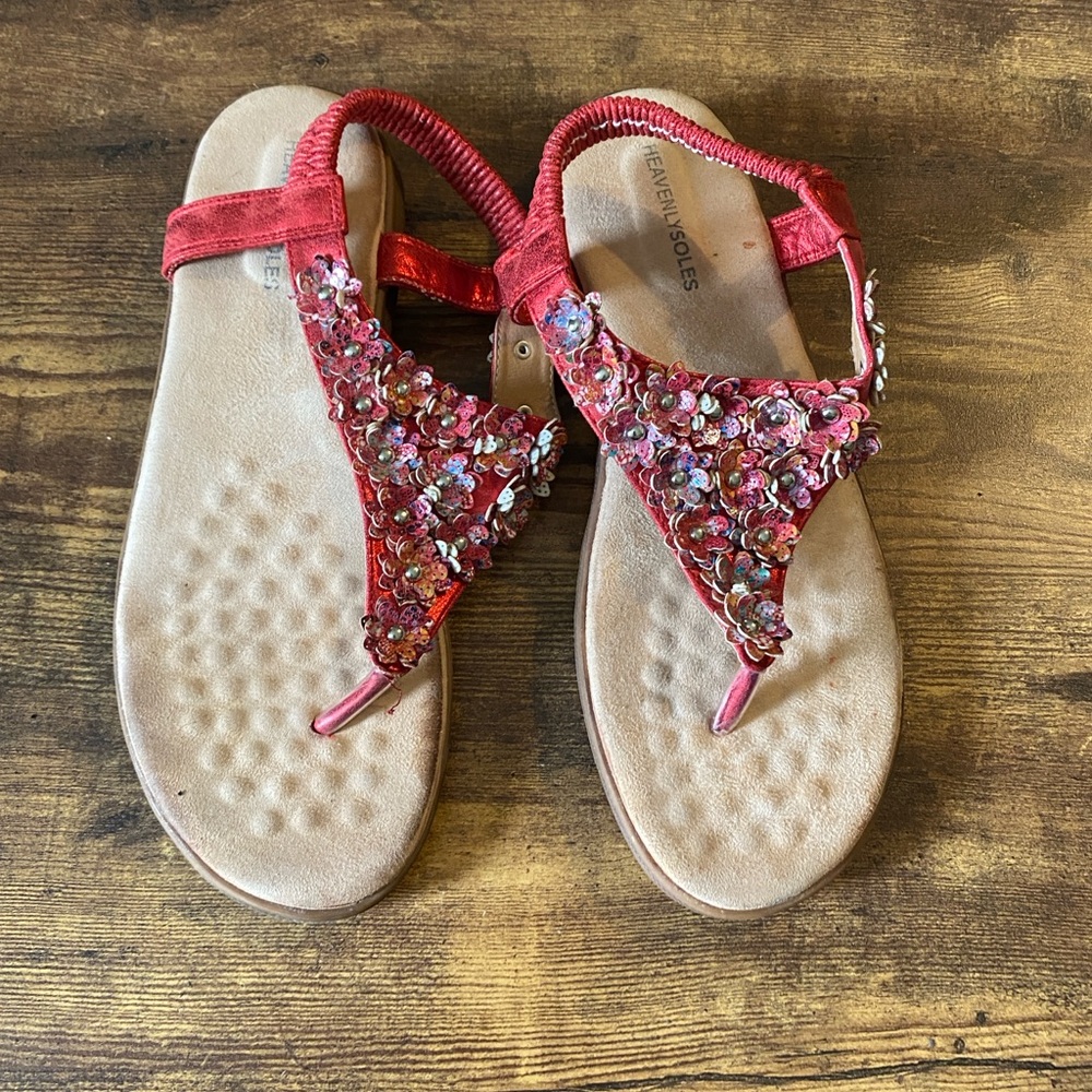 Red Sequin T-Strap Women's Sandals with Elastic Back